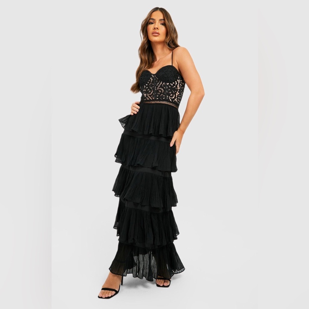 Boohoo Black Silver Embellished Tiered Gown
